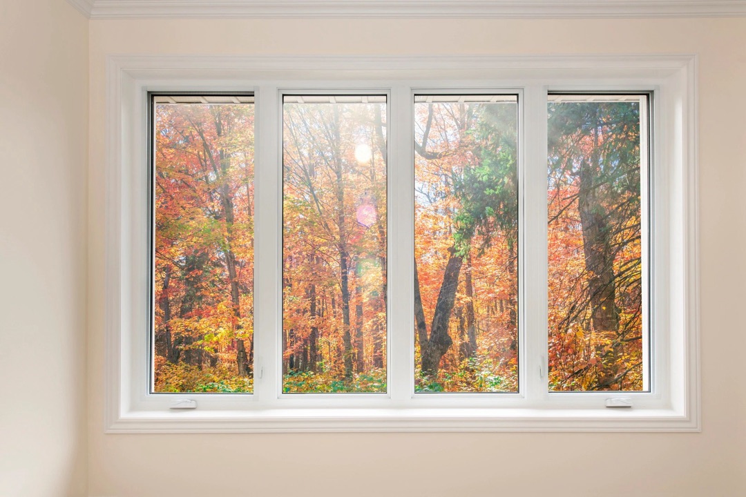 Four-pane window looking out on a colorful fall forest