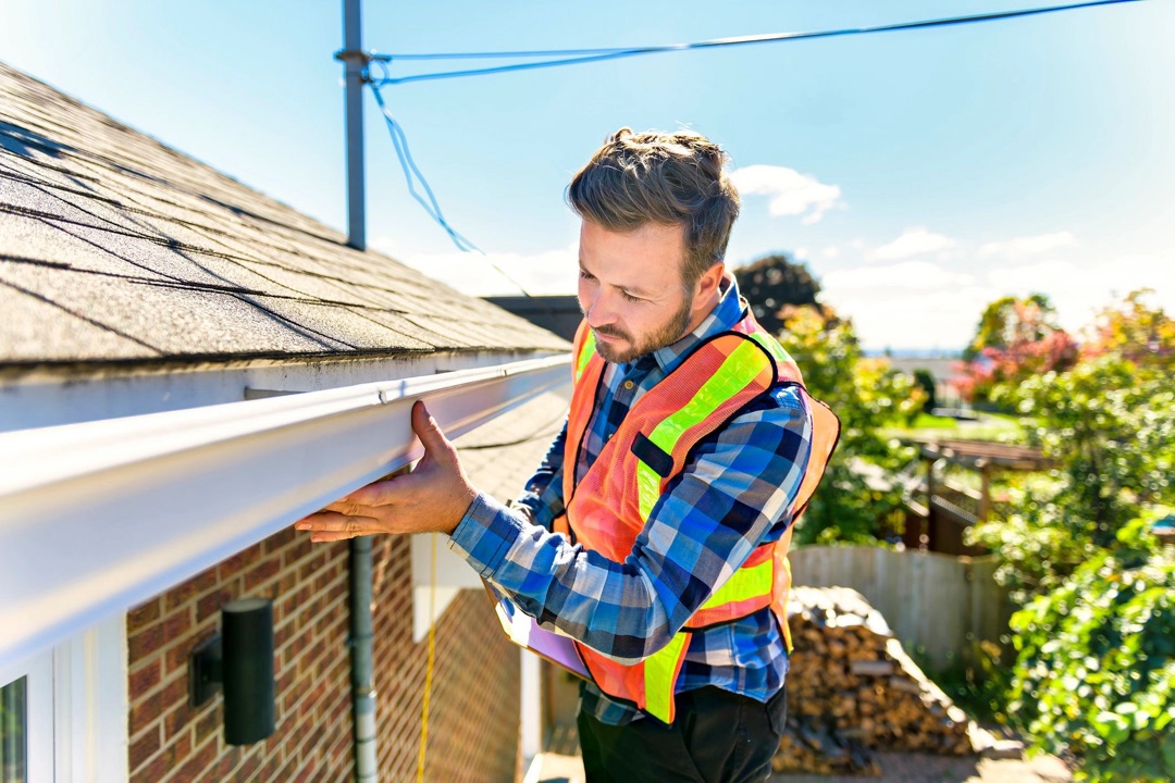 Man on the steps examining a roof and gutter